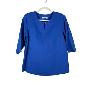 Hot Cotton Petite Blue‎ 3/4 Sleeve Button Linen Cotton Top Women's S Minimalist